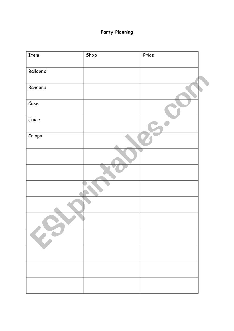 Party Planning worksheet