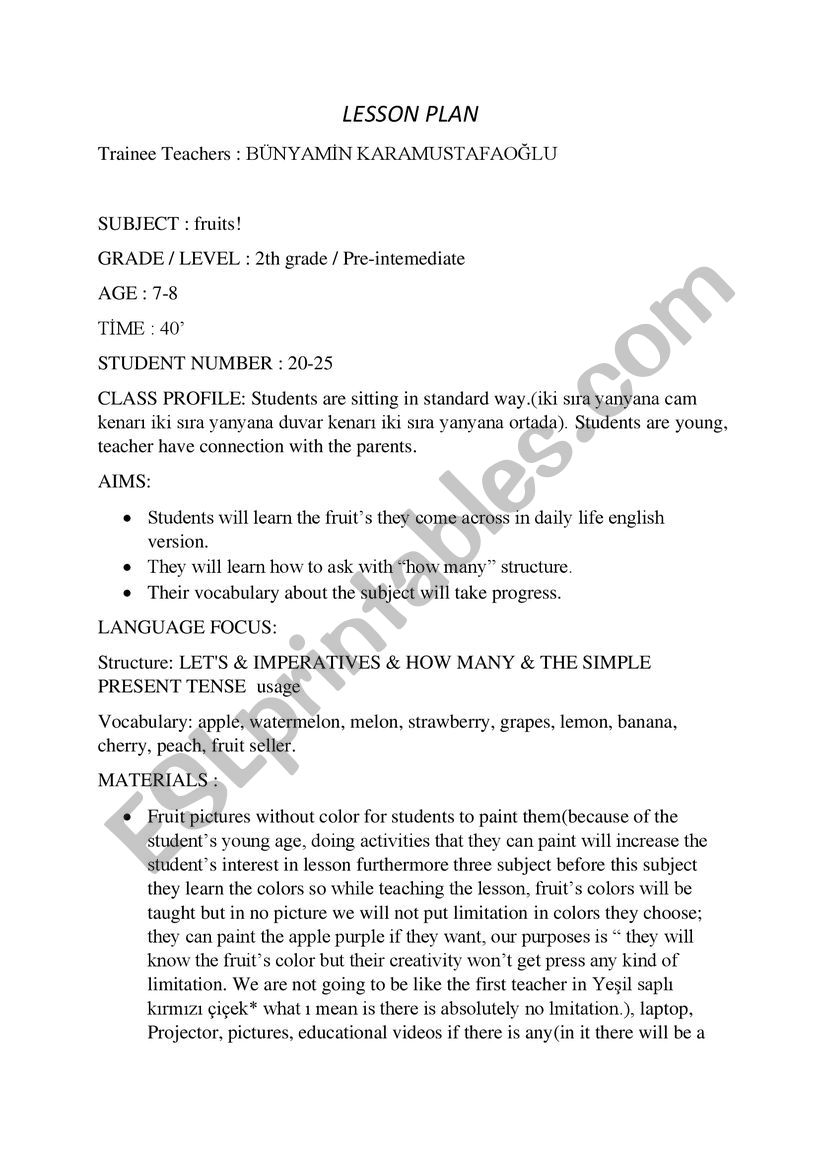 Vocabulary Lesson Plan worksheet