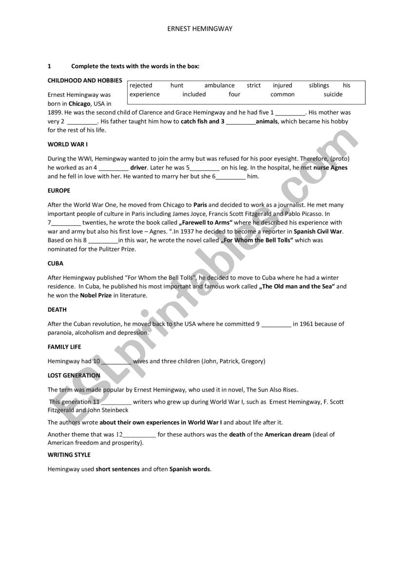 Ernest Hemingway worksheet