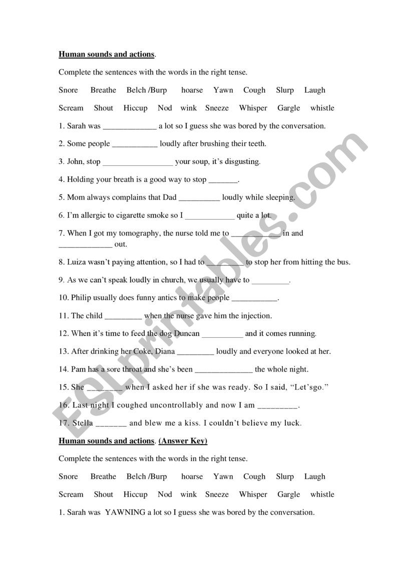 Human sounds and actions worksheet