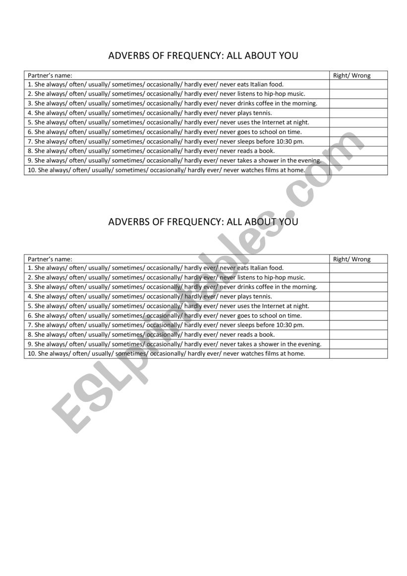 adverbs of frequency: all about you guessing game