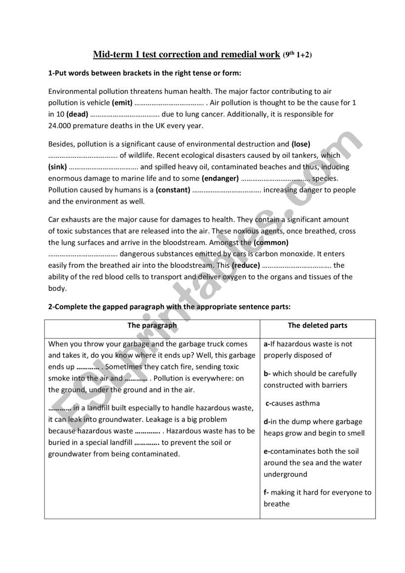 test and remedial work worksheet