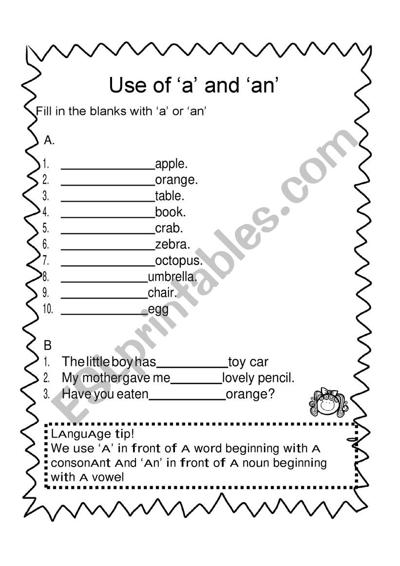 Use of a and an worksheet