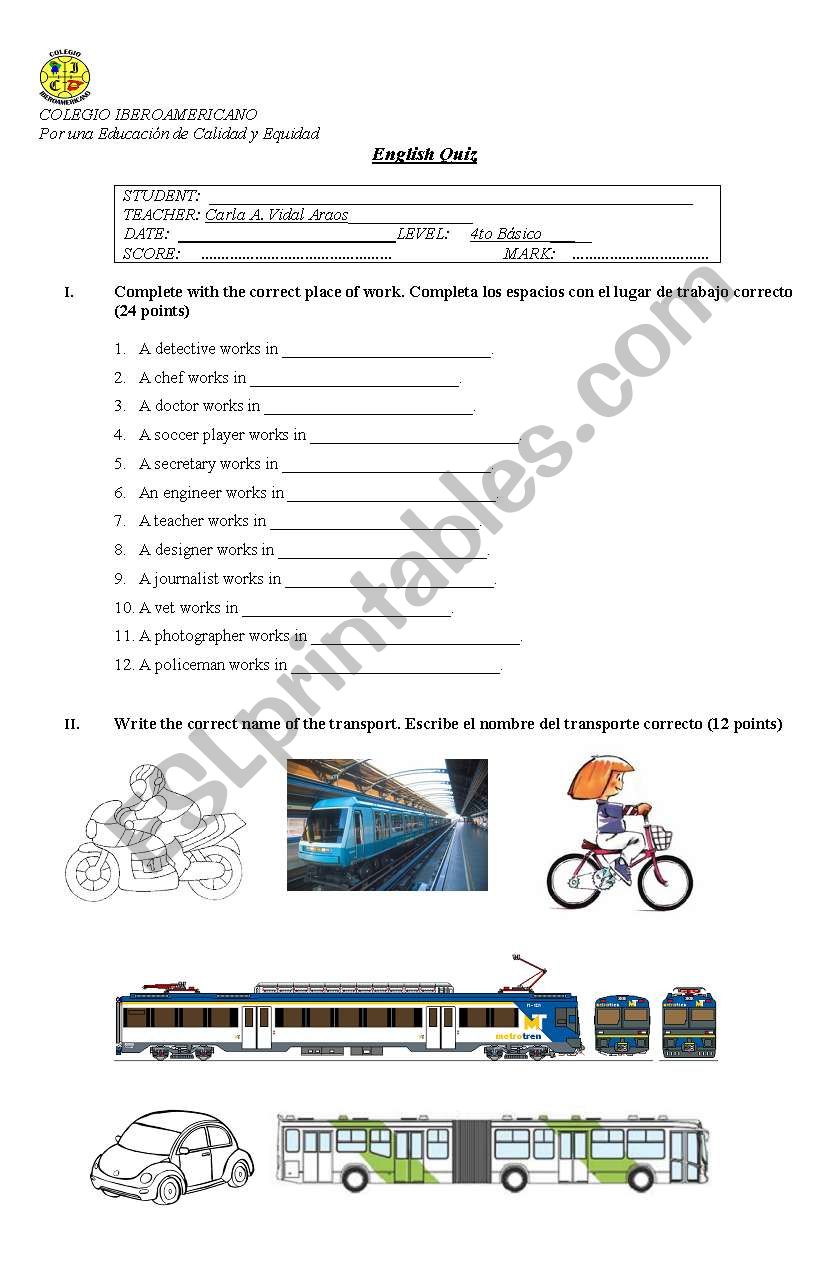 English Worksheets: Professions And Transportation Test