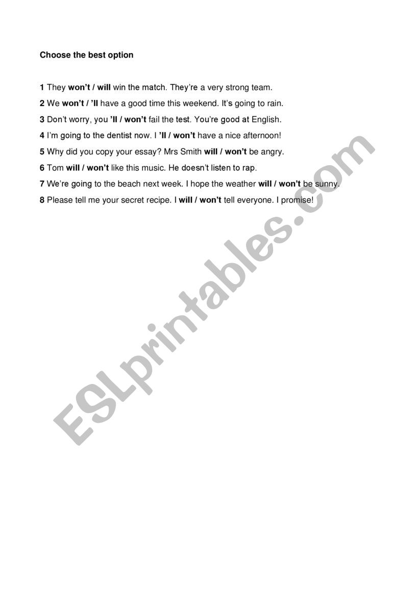 Will - won�t worksheet