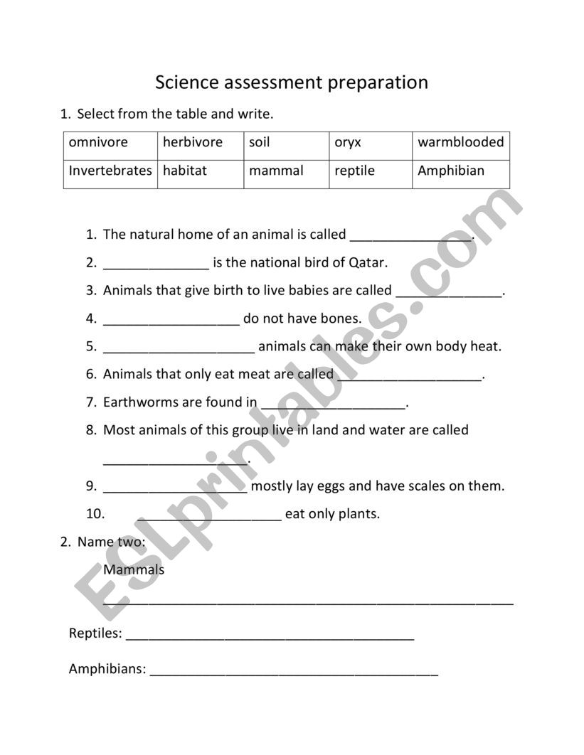 Science - Animals by Groups Practice test 