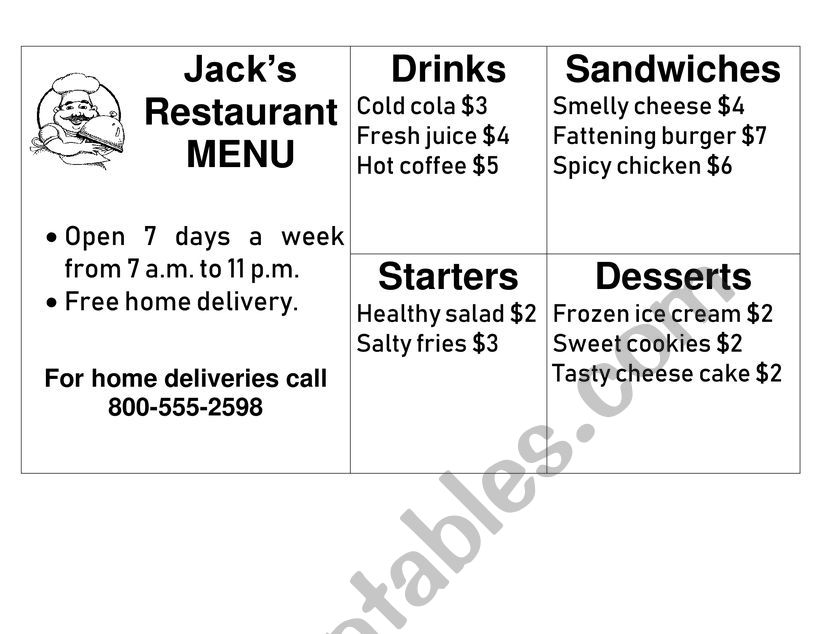 A menu worksheet