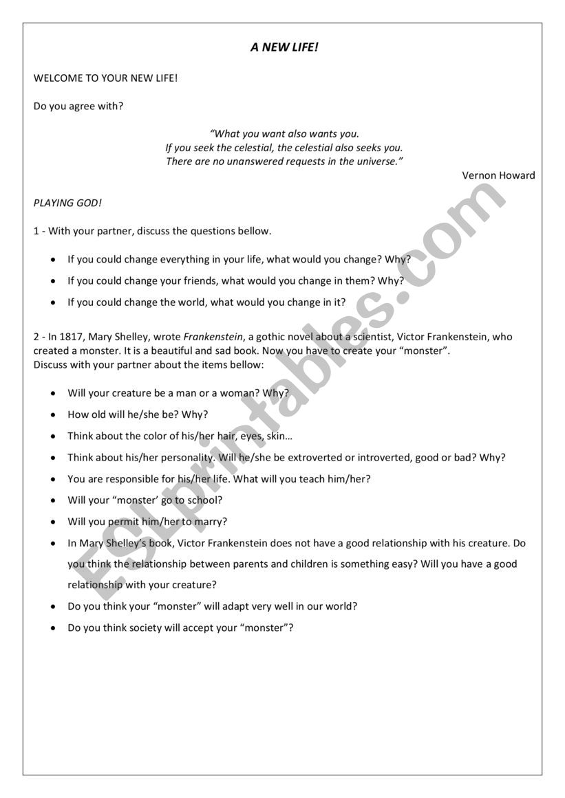 A NEW LIFE worksheet