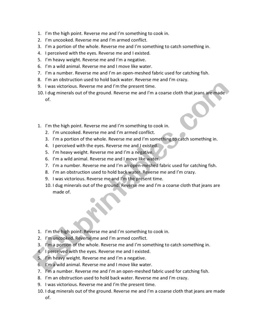 Reverse me worksheet