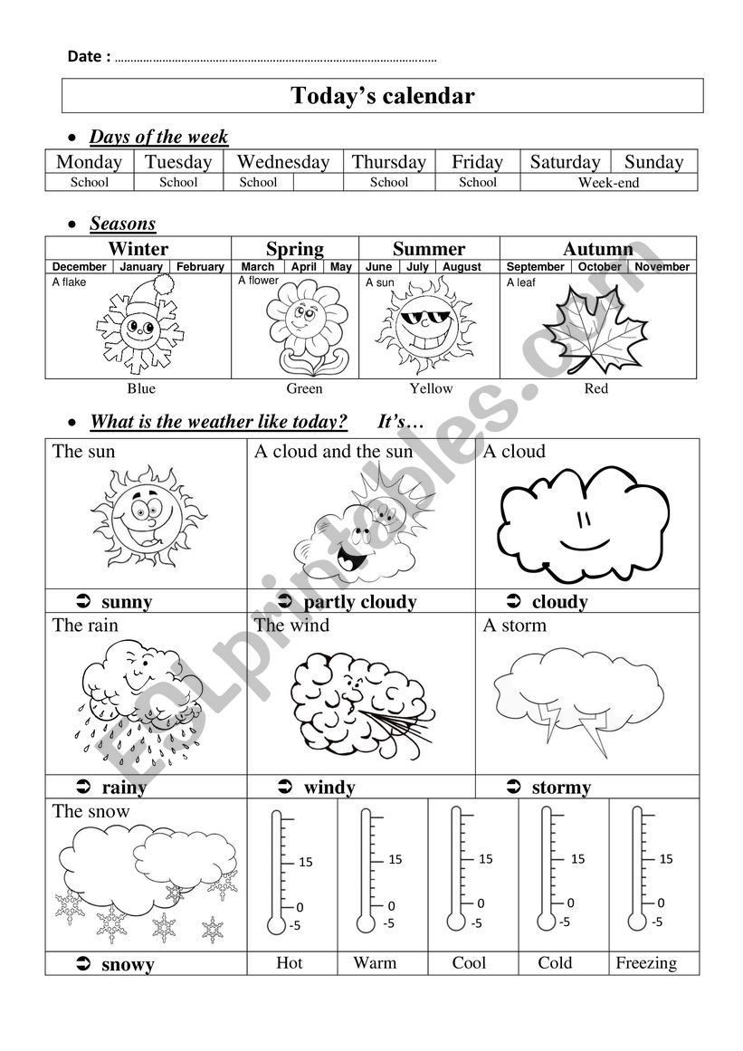 Days, seasons, weather worksheet