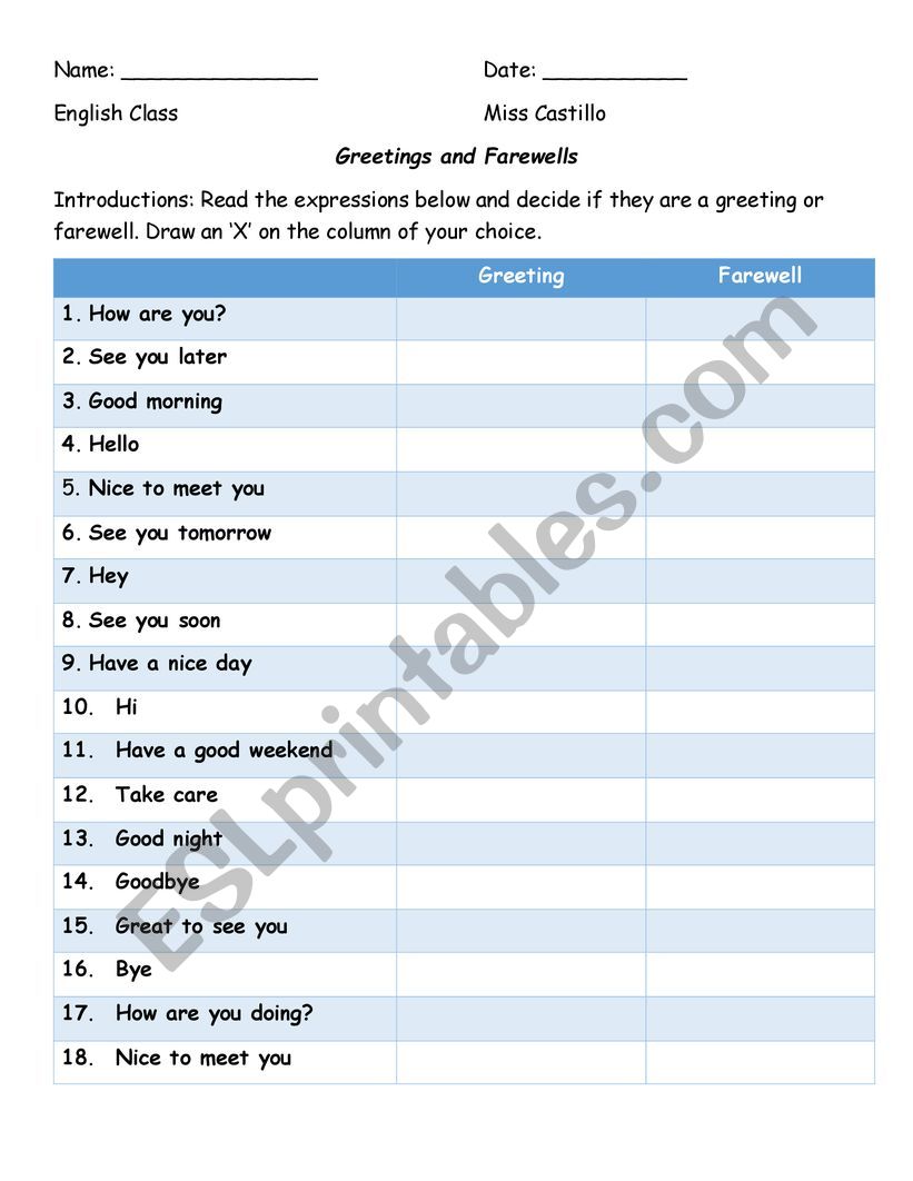 Greetings and Farewells worksheet