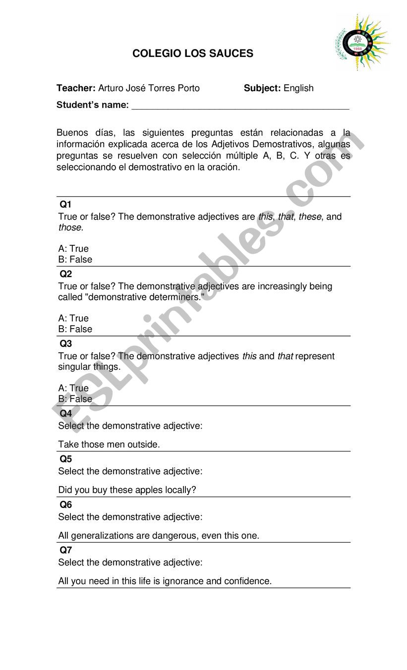 DEMONSTRATIVES worksheet