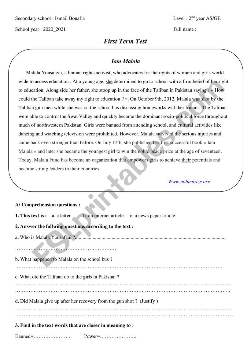 Test with the theme of Peace worksheet