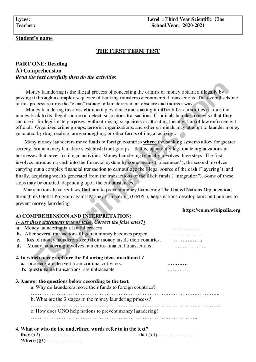 money laundering  worksheet