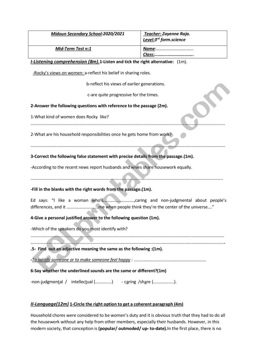 Mid term test for 3rd form students