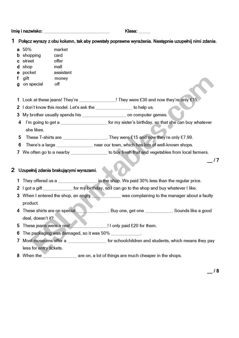 Shopping and special offers worksheet