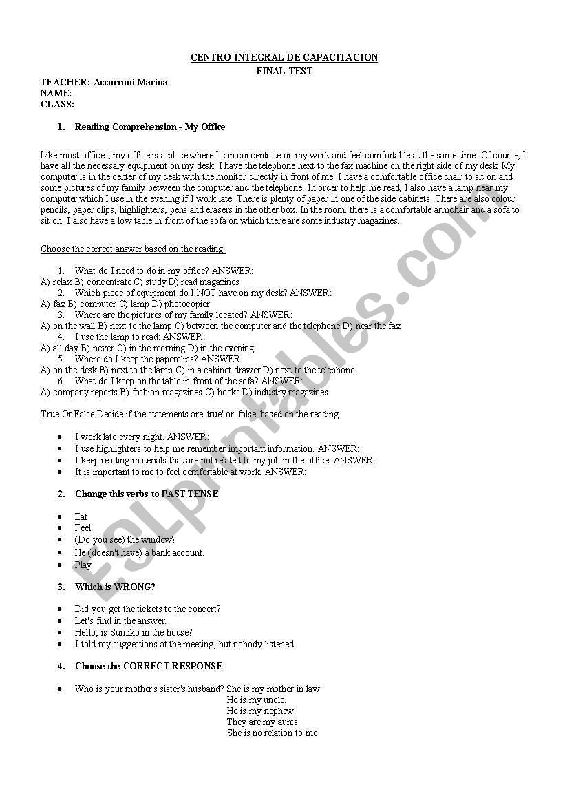 Elementary english test worksheet