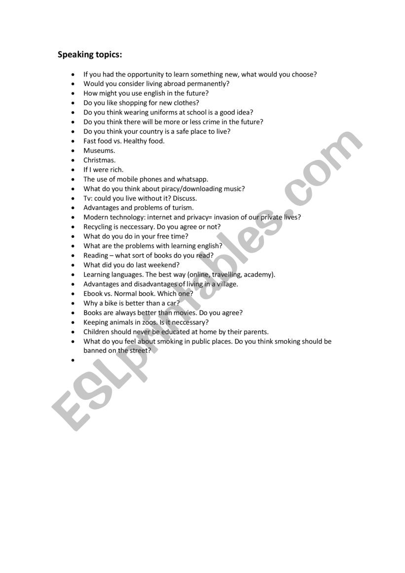 Speaking tasks worksheet