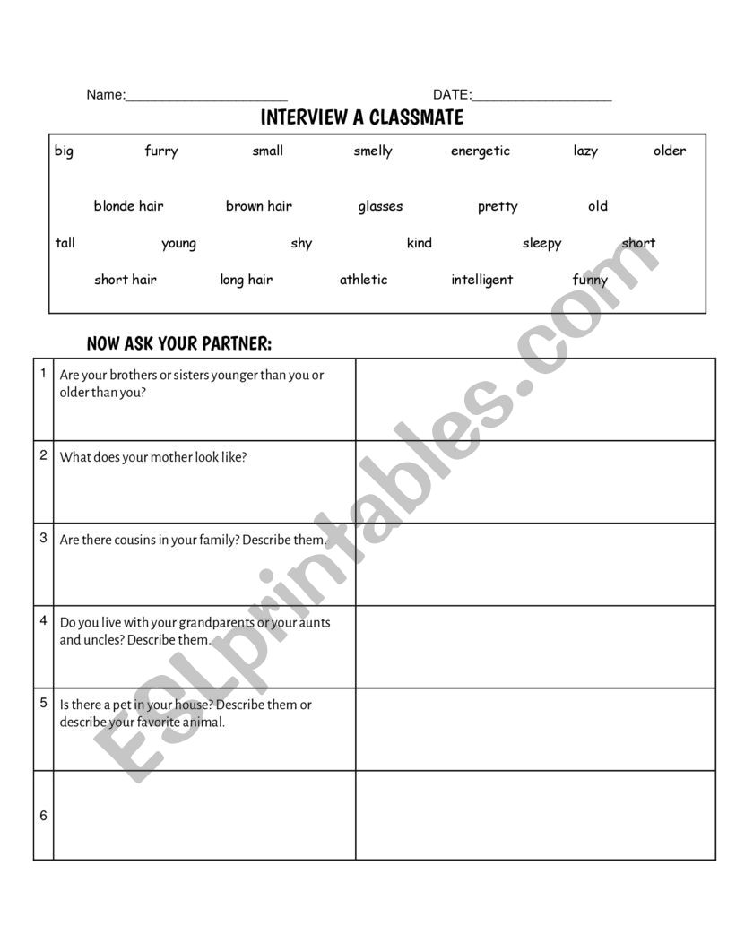 Interview a Classmate using TO BE and Adjectives 