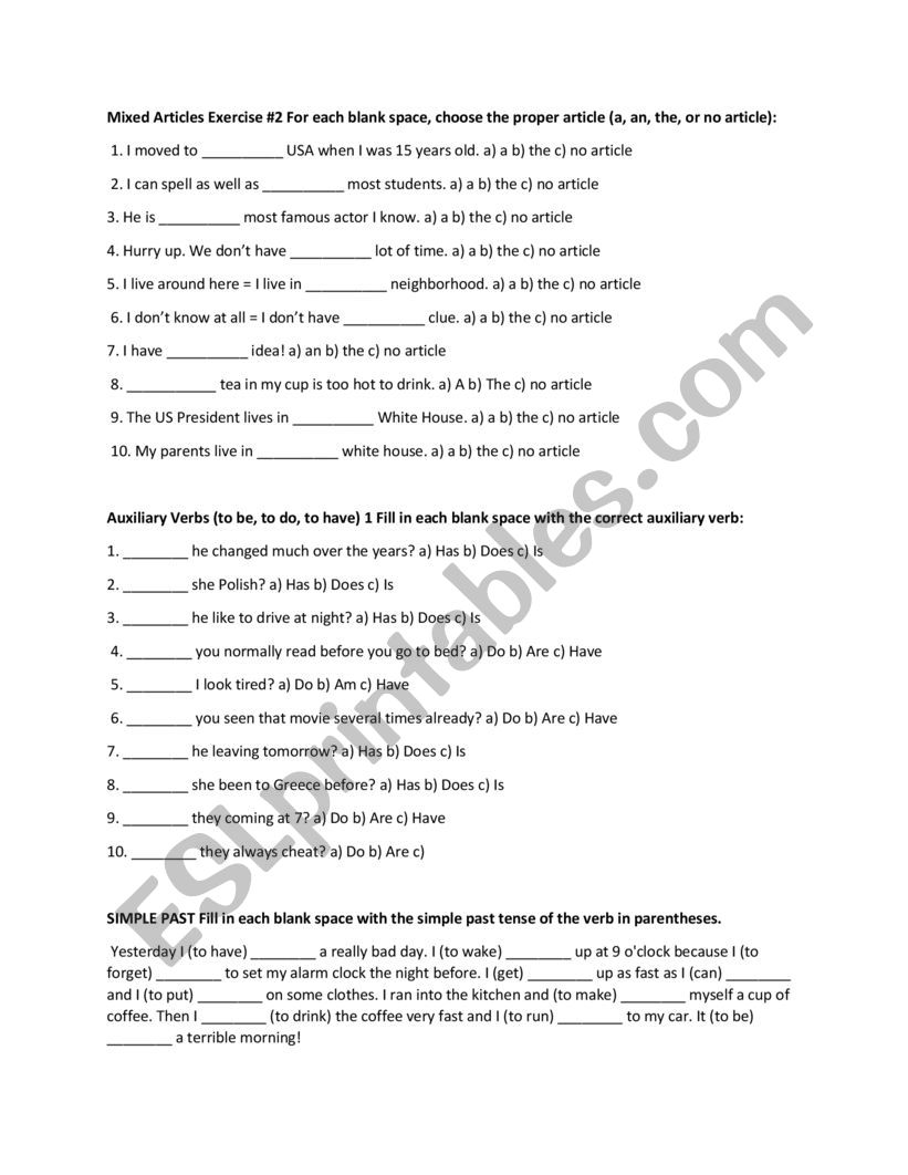 mixed articles  worksheet