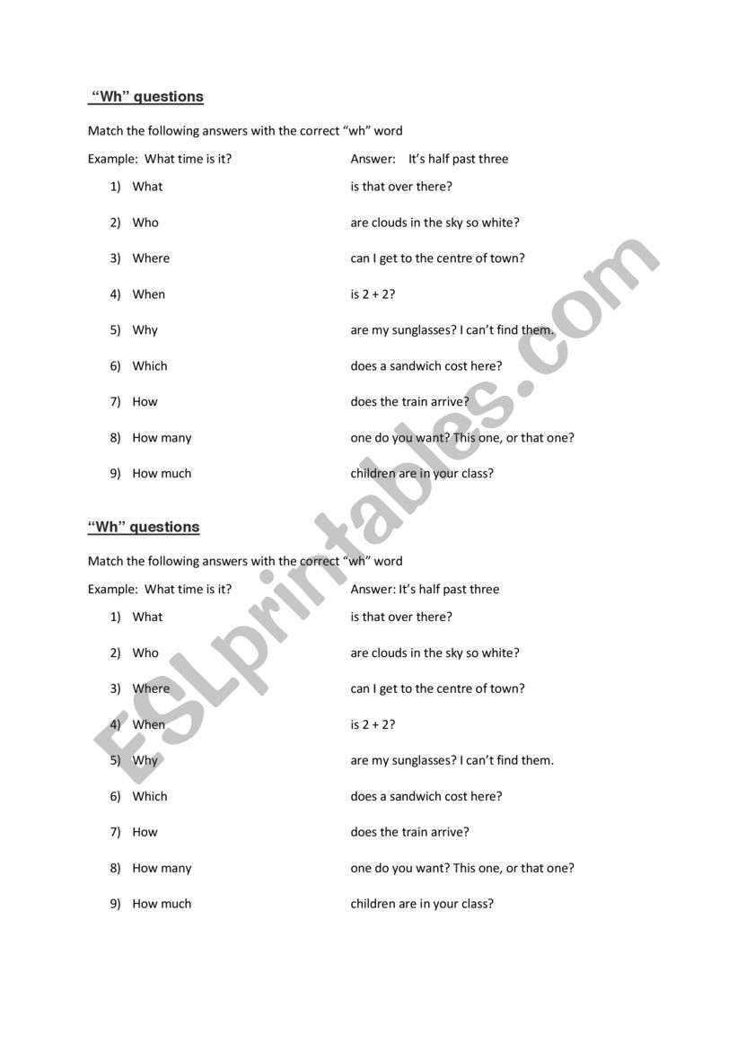 WH questions worksheet (matching questions with answers) - ESL ...