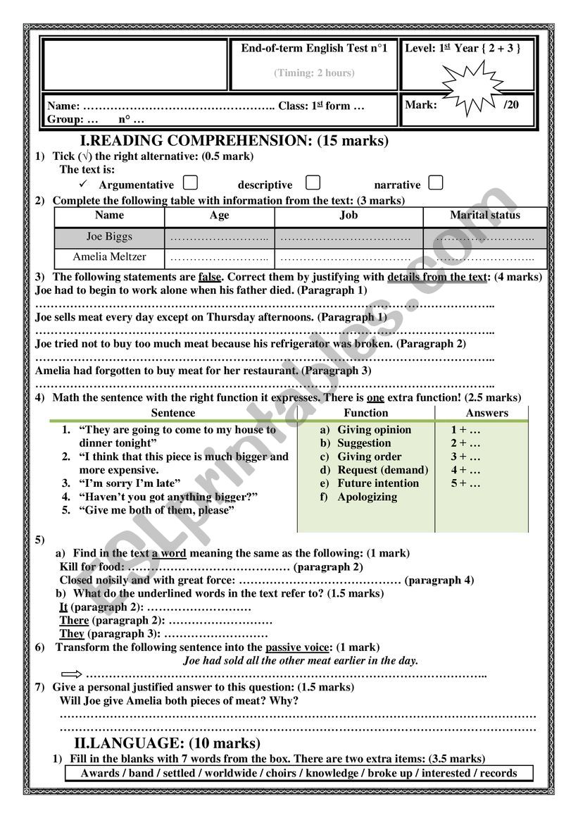 end-term test  worksheet