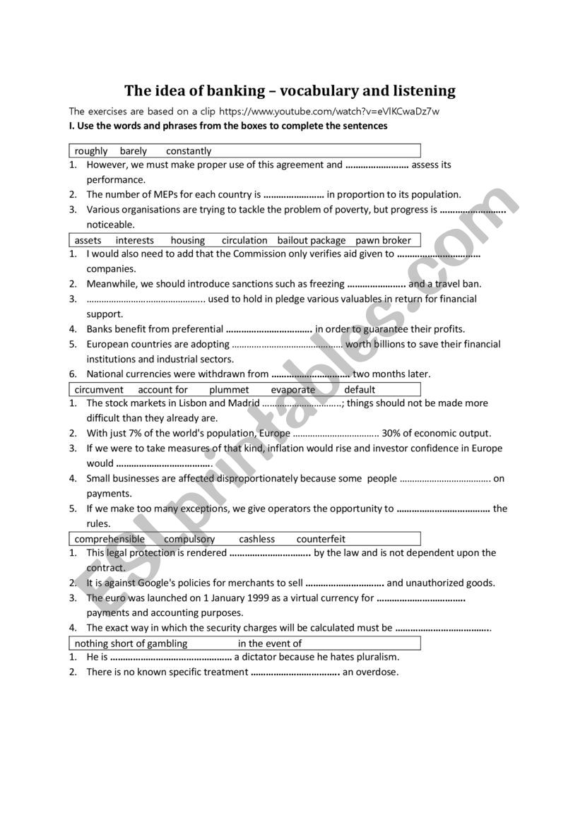 Banking explained  worksheet