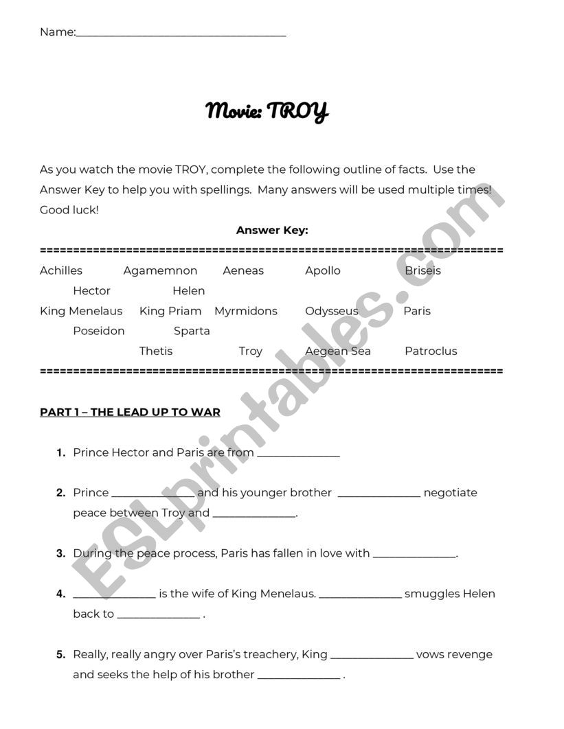 Troy - Movie Questions worksheet