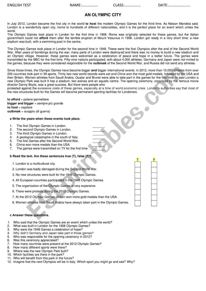 AN OLYMPIC CITY worksheet