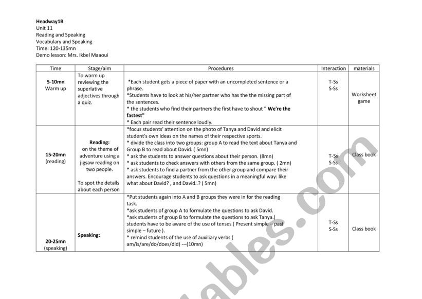 Head away 1 lesson plan worksheet