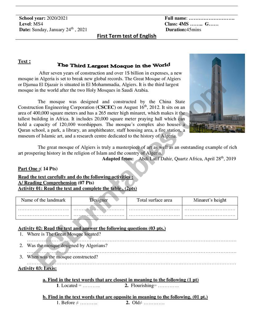 The great mosque of Algiers  worksheet