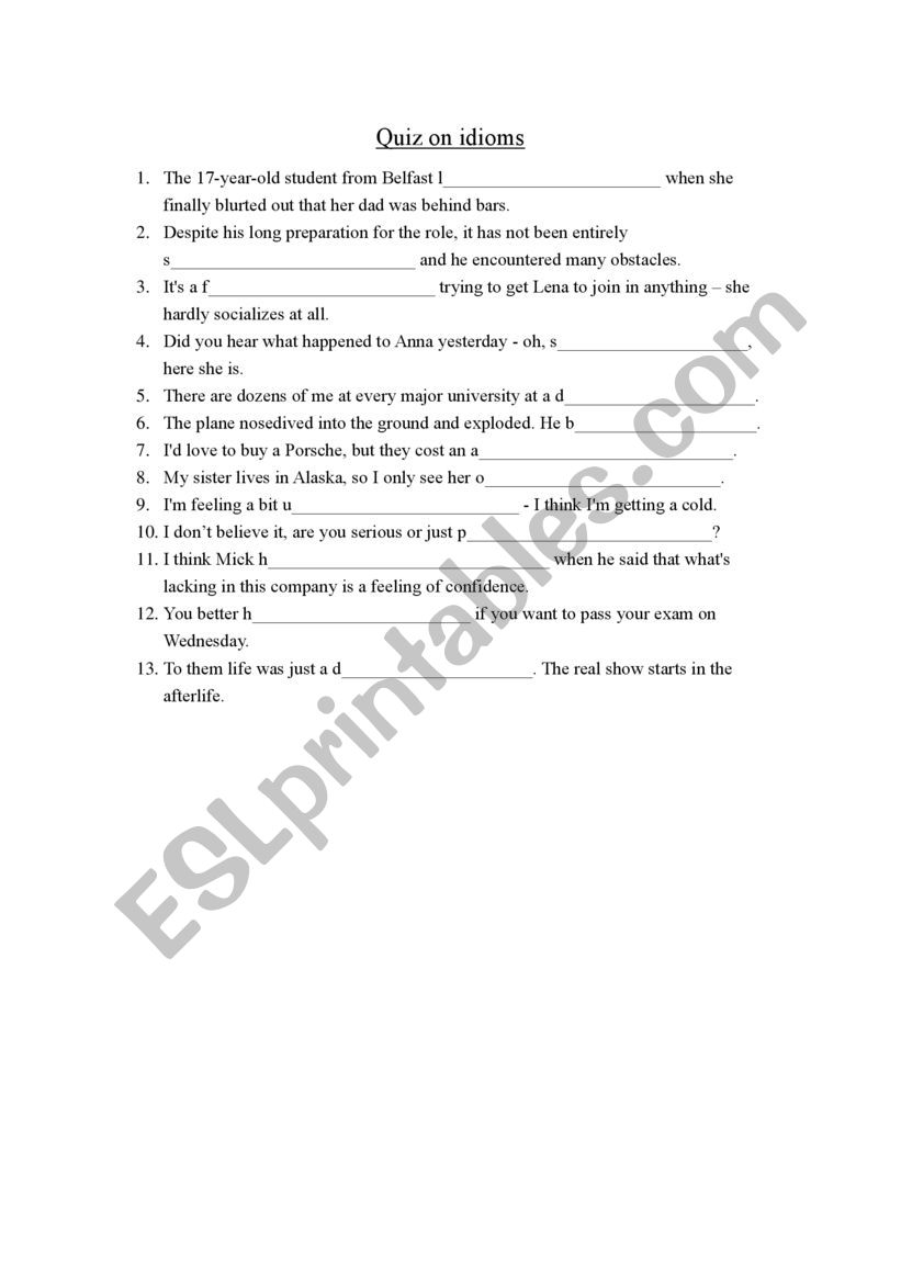 Quiz on idioms worksheet