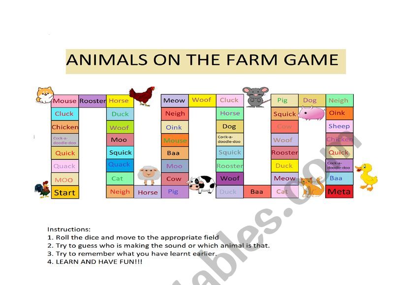 Animals on farm game - ESL worksheet by noodlebaby