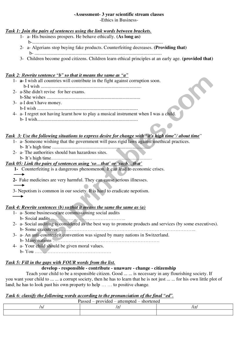 assessment 3rd year classes worksheet