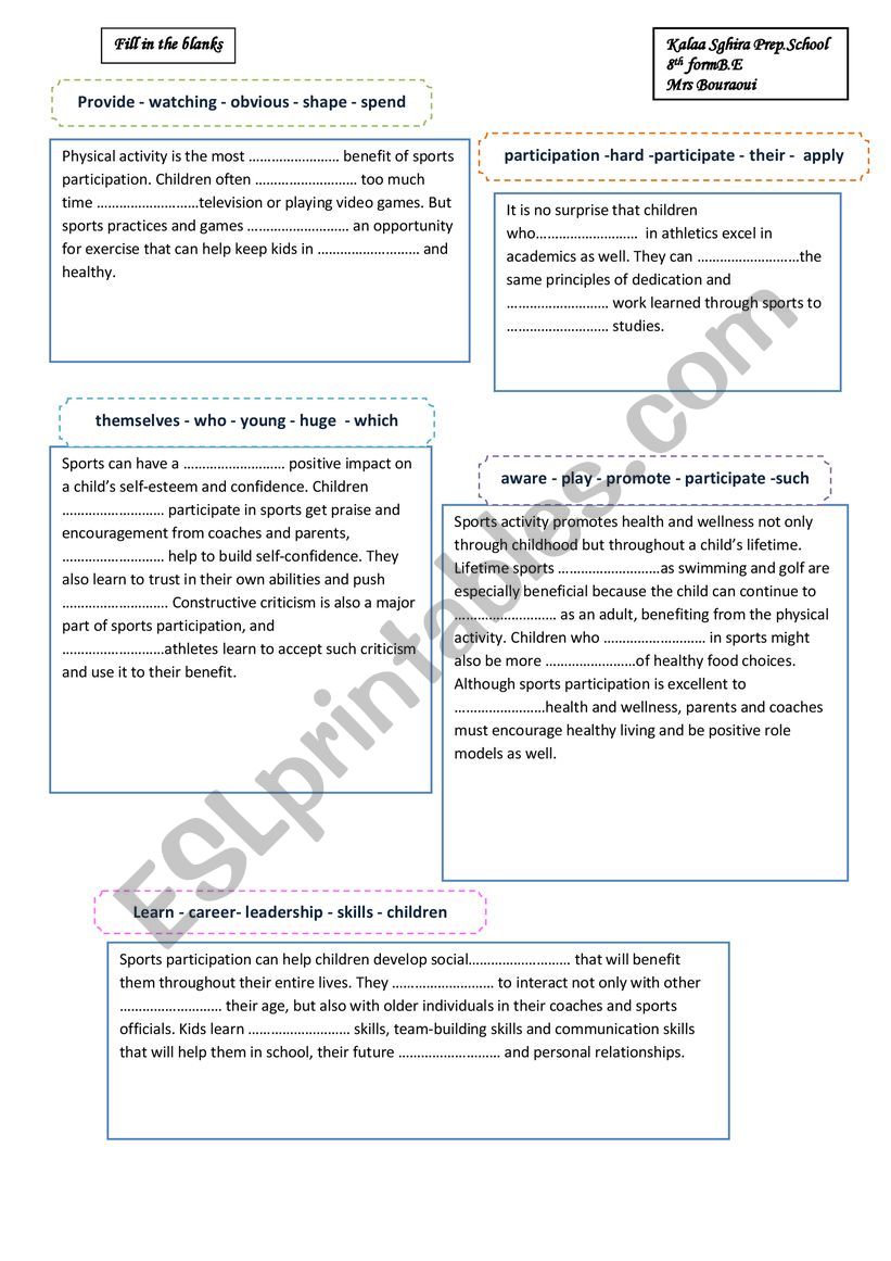 sporting activities worksheet