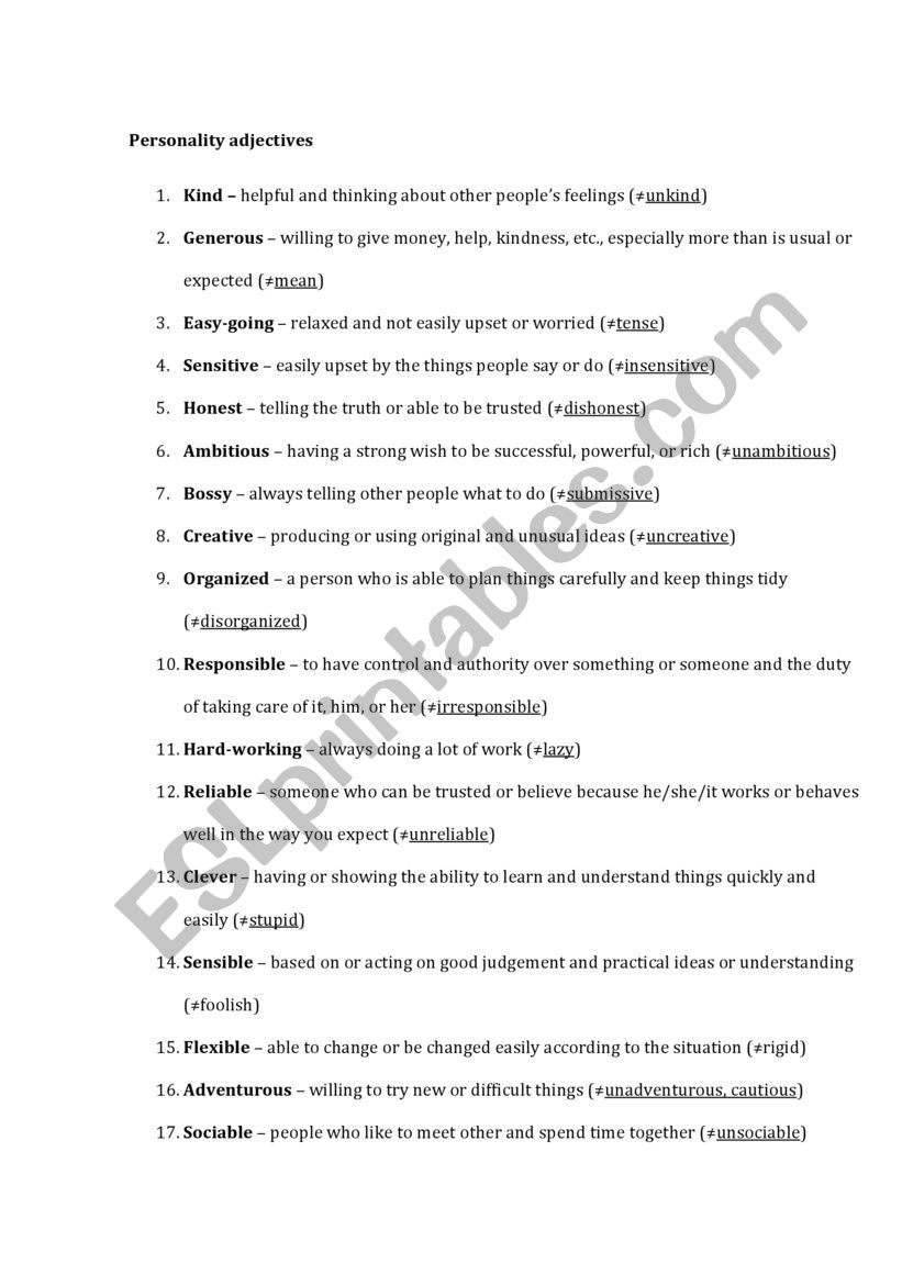 Personality adjectives worksheet