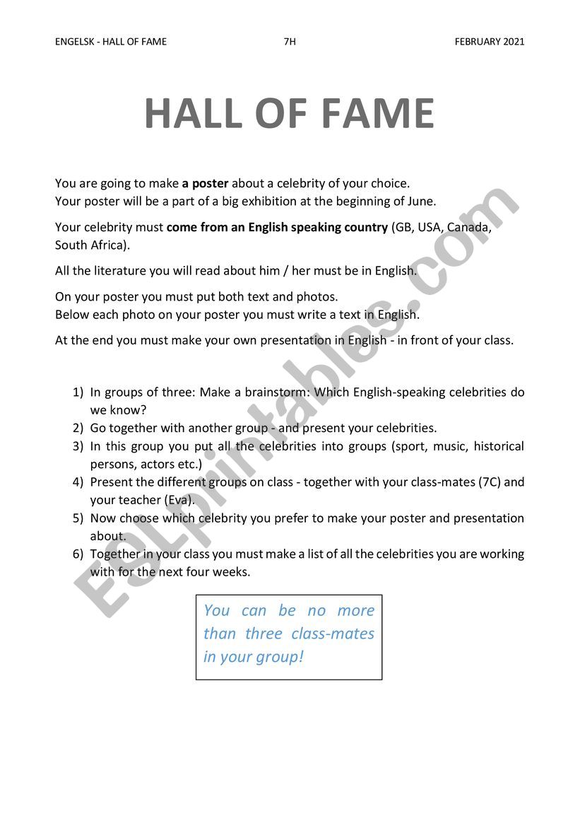 hall of fame worksheet