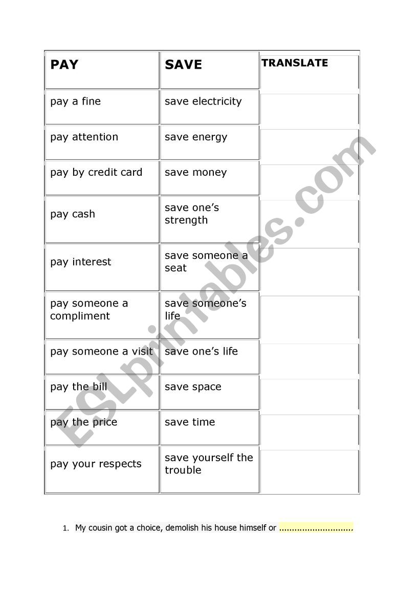 prepositions part 2 - pay, save 