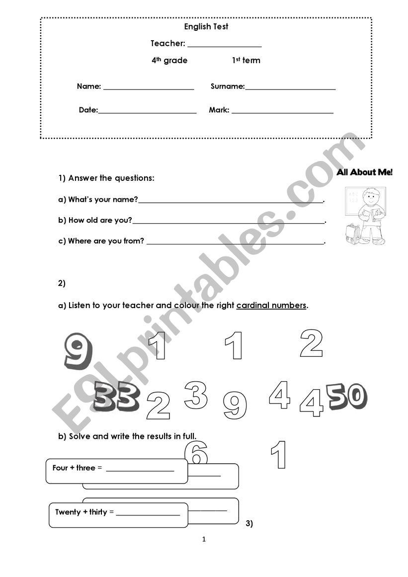 4th grade End of term test worksheet