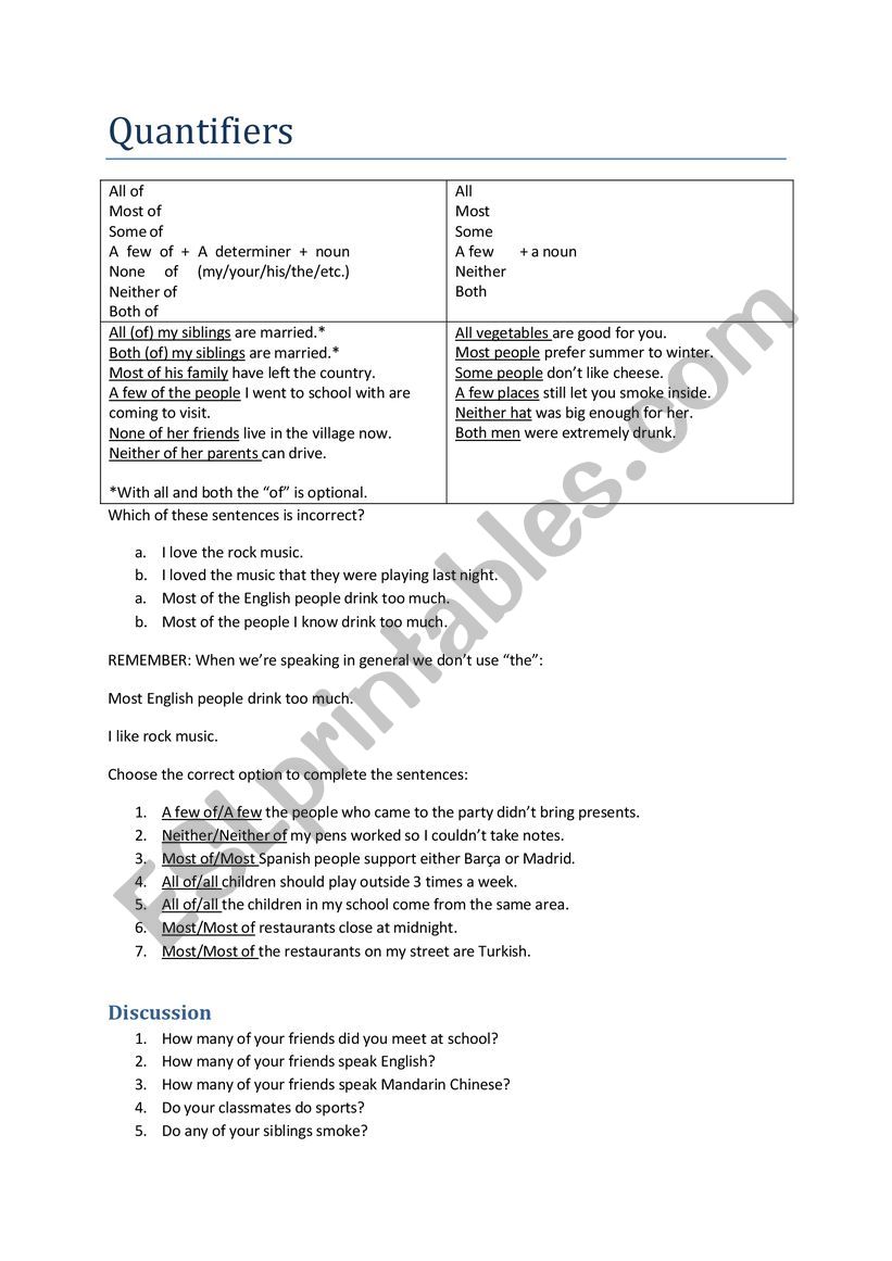 Quantifyers worksheet