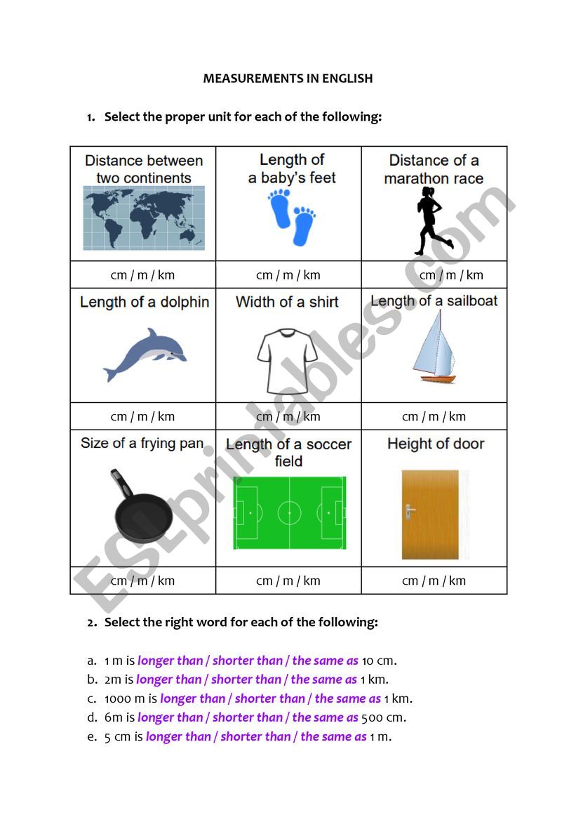 Measurements in English worksheet