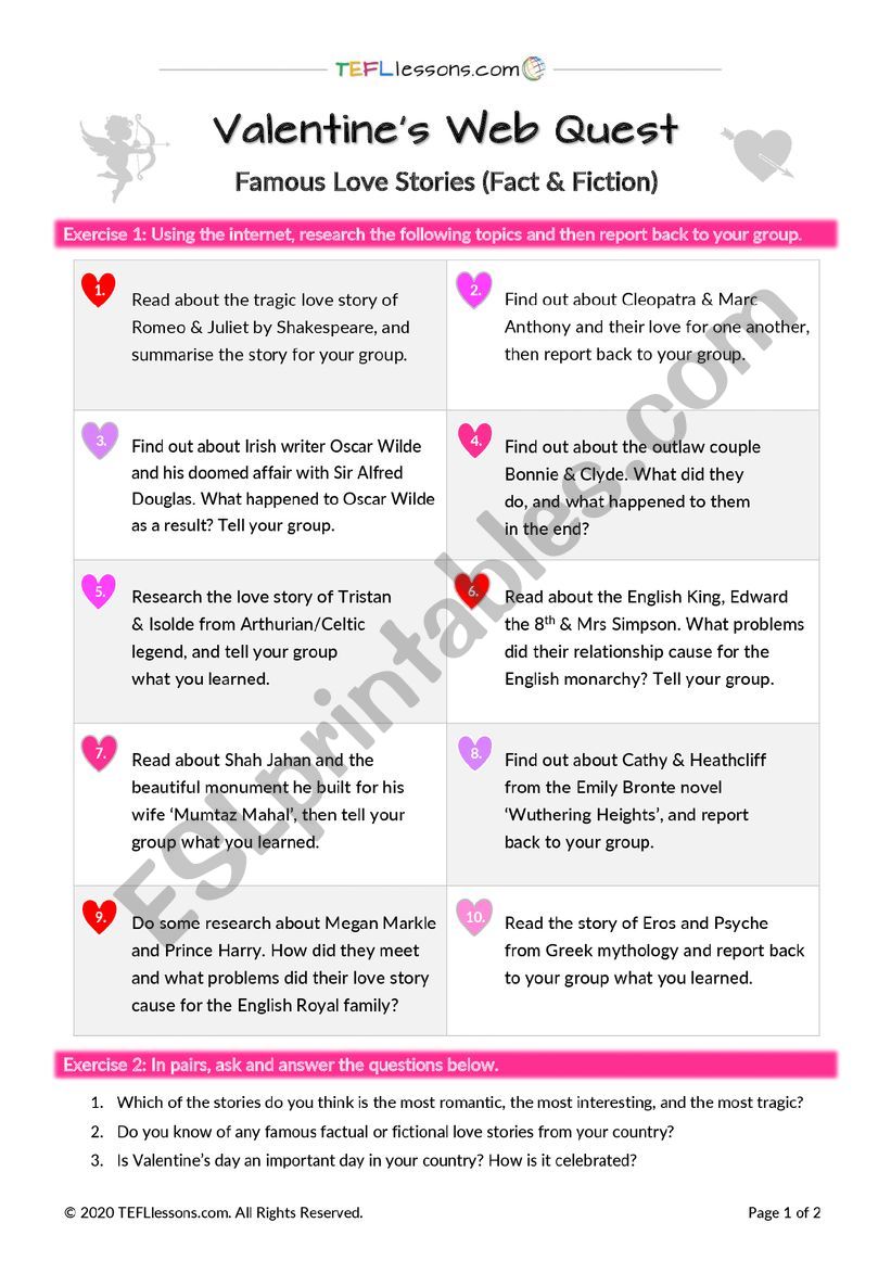 Valentine Web Quest worksheet