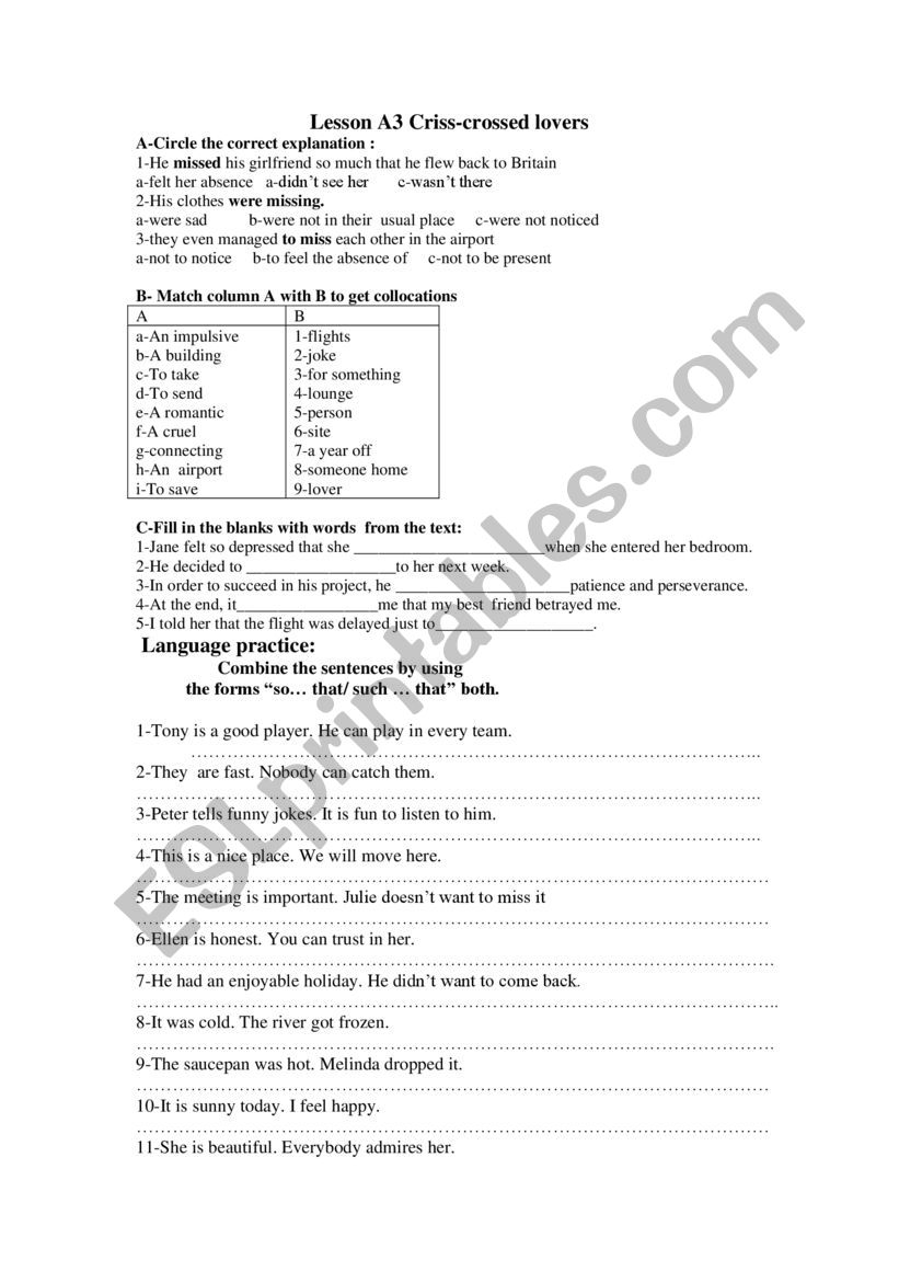 Criss-crossed lovers worksheet