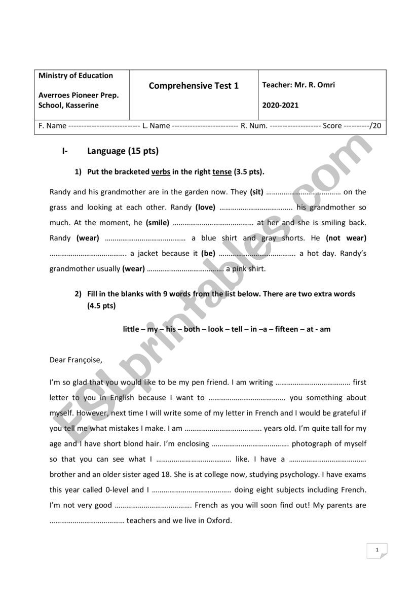 End of Term Test 1 (7th form) worksheet