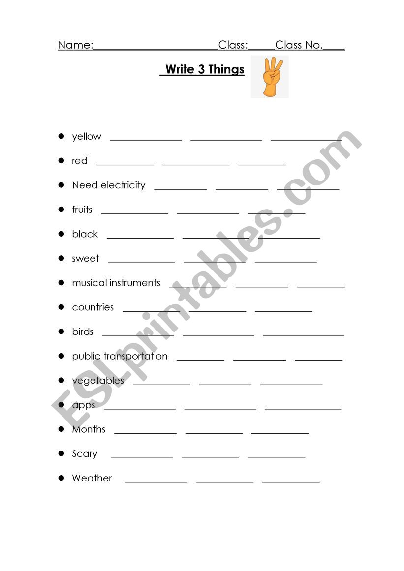 Name or write three things worksheet