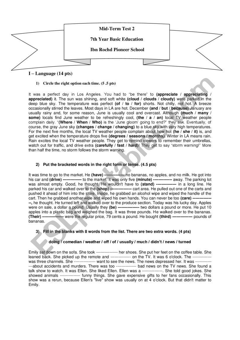 Mid-Term Test 2 (7th form) worksheet