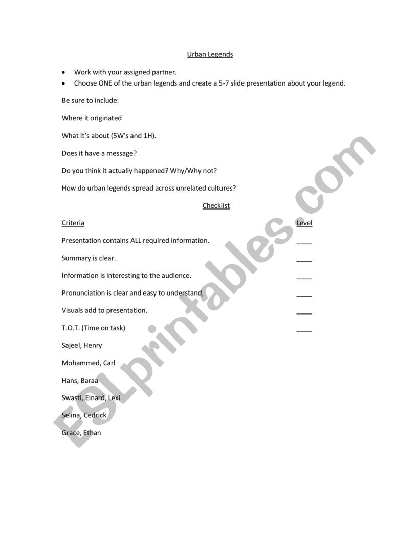 Urban Legends worksheet