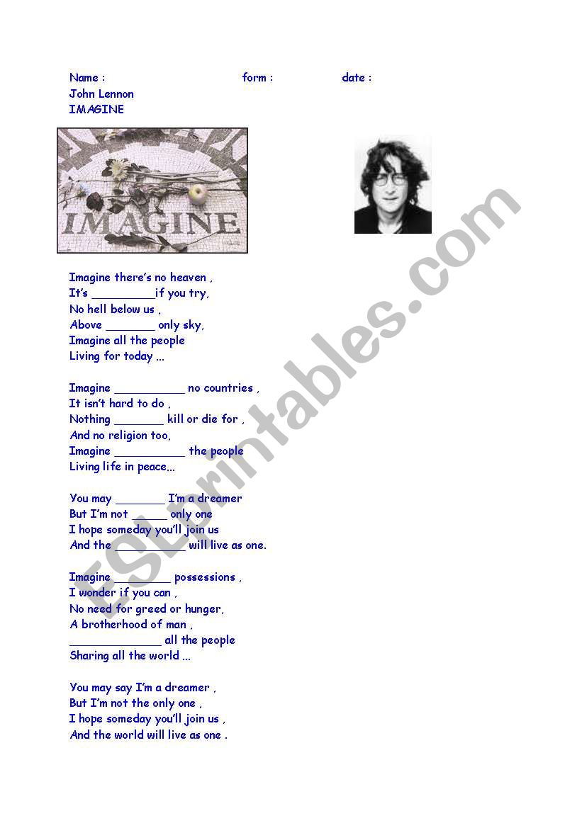 Imagine by John Lennon, Lyrics activity - ESL worksheet by lufranco