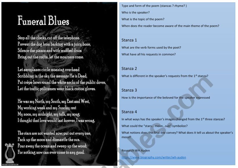 Funeral Blues, Auden, worksheet