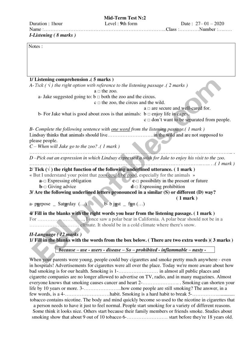 9th form Mid_term test N:2 worksheet